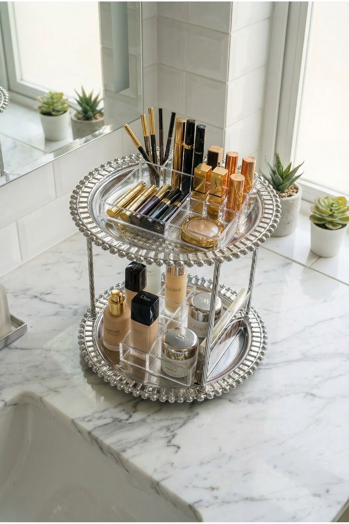 Foviva Gümüş Kozmetik Takı Düzenleyici Çok Amaçlı Yuvarlak Organizer 2 Katlı Makyaj Organizeri