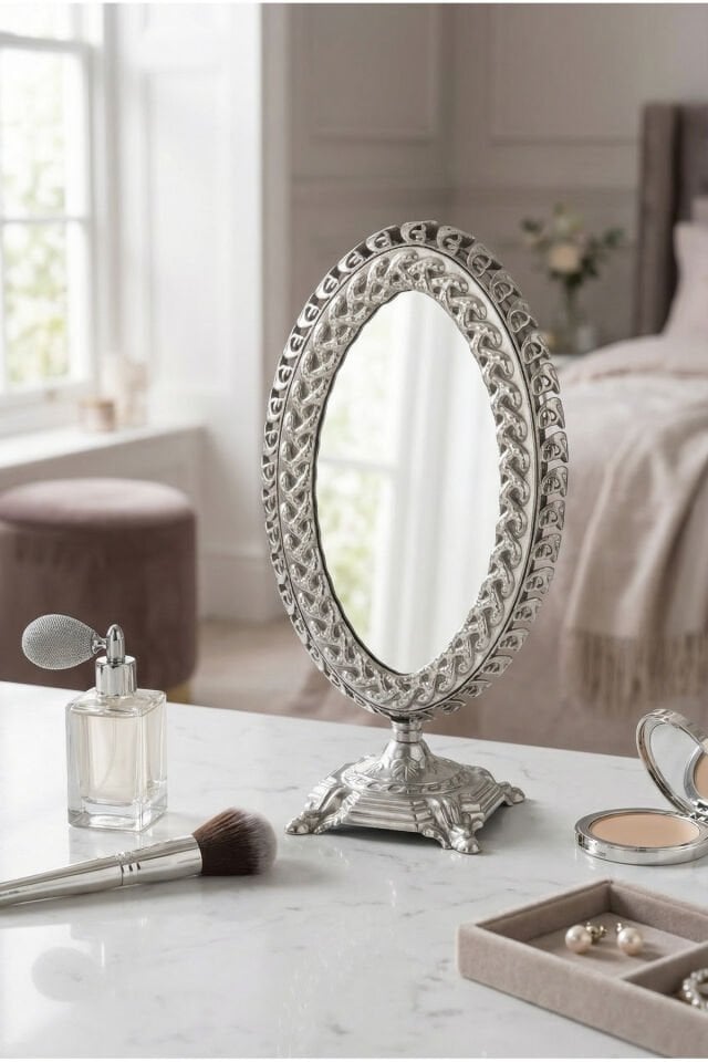 Openda Gümüş El Aynası Masa Aynası Makyaj Aynası Ayarlanabilir Oval Paslanmaz Çelik Lüks