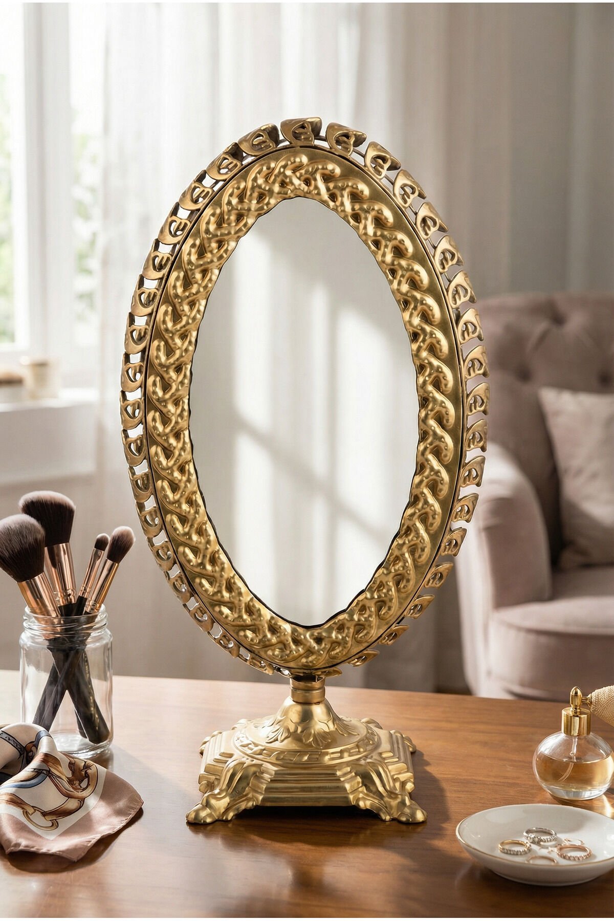 Openda Eskitme El Aynası Masa Aynası Makyaj Aynası Ayarlanabilir Oval Paslanmaz Çelik Lüks