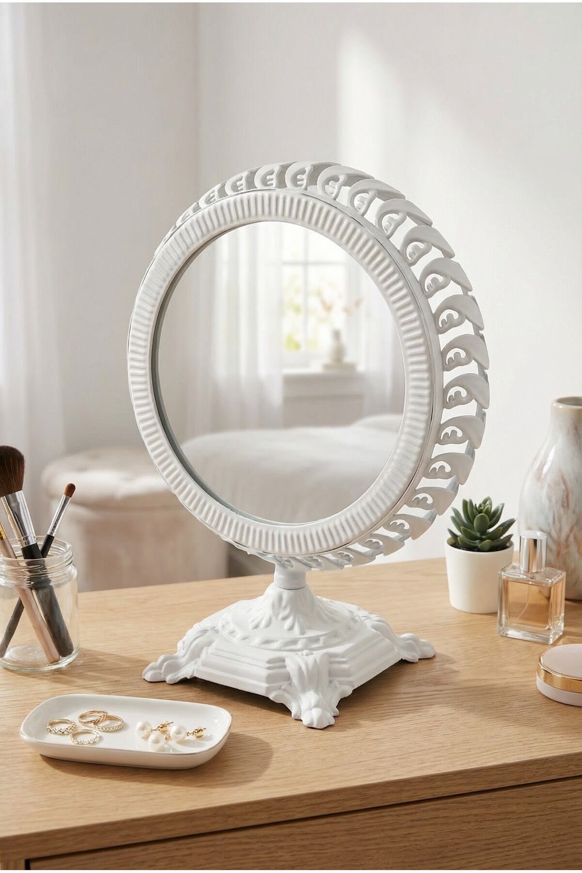 Polines El Aynası Masa Aynası Makyaj Aynası Ayarlanabilir Yuvarlak Paslanmaz Çelik Lüks