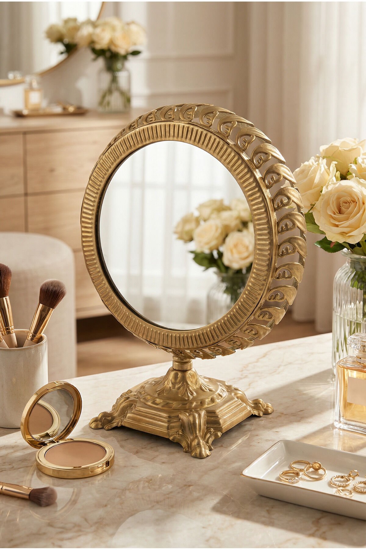 Polines El Aynası Masa Aynası Makyaj Aynası Ayarlanabilir Yuvarlak Paslanmaz Çelik Lüks