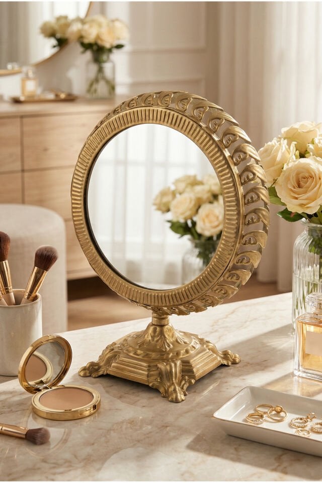 Polines El Aynası Masa Aynası Makyaj Aynası Ayarlanabilir Yuvarlak Paslanmaz Çelik Lüks