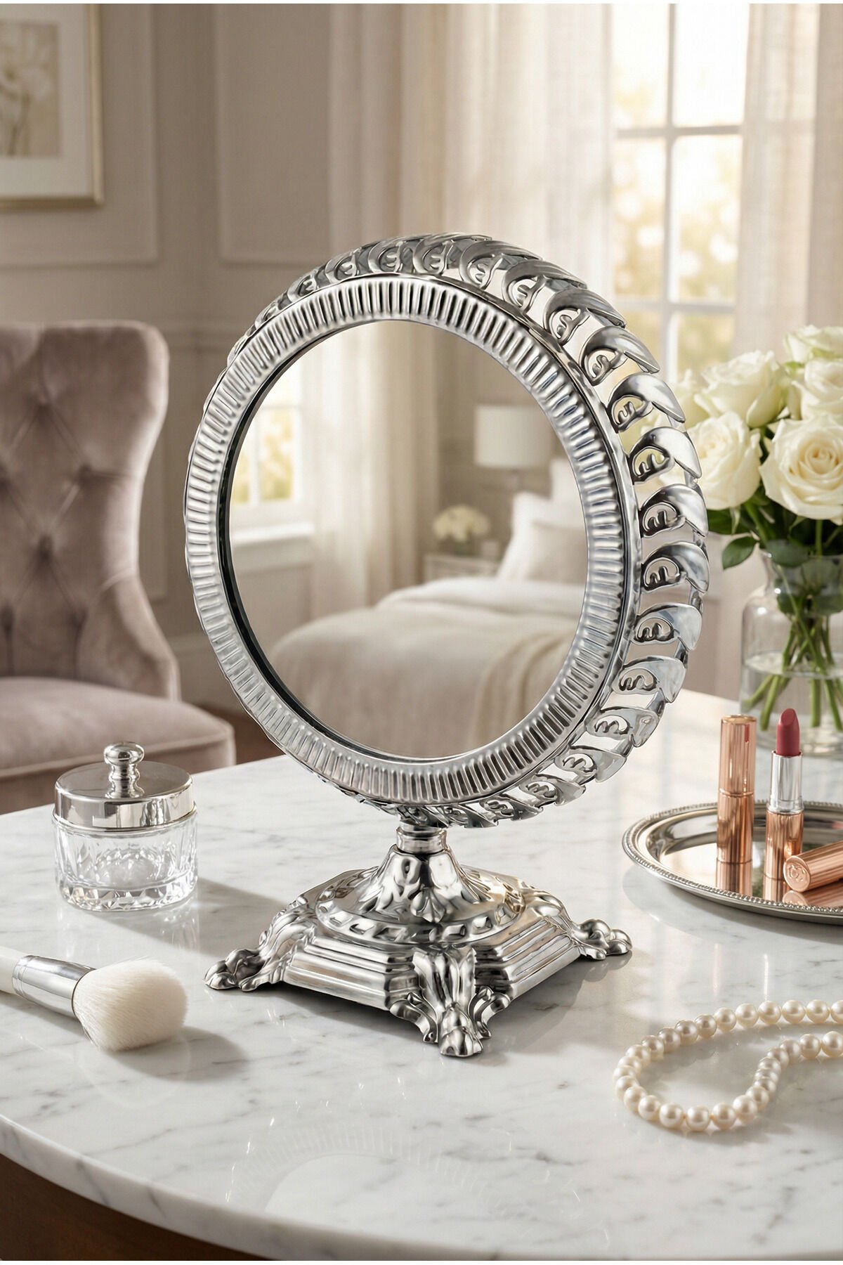 Polines El Aynası Masa Aynası Makyaj Aynası Ayarlanabilir Yuvarlak Paslanmaz Çelik Lüks