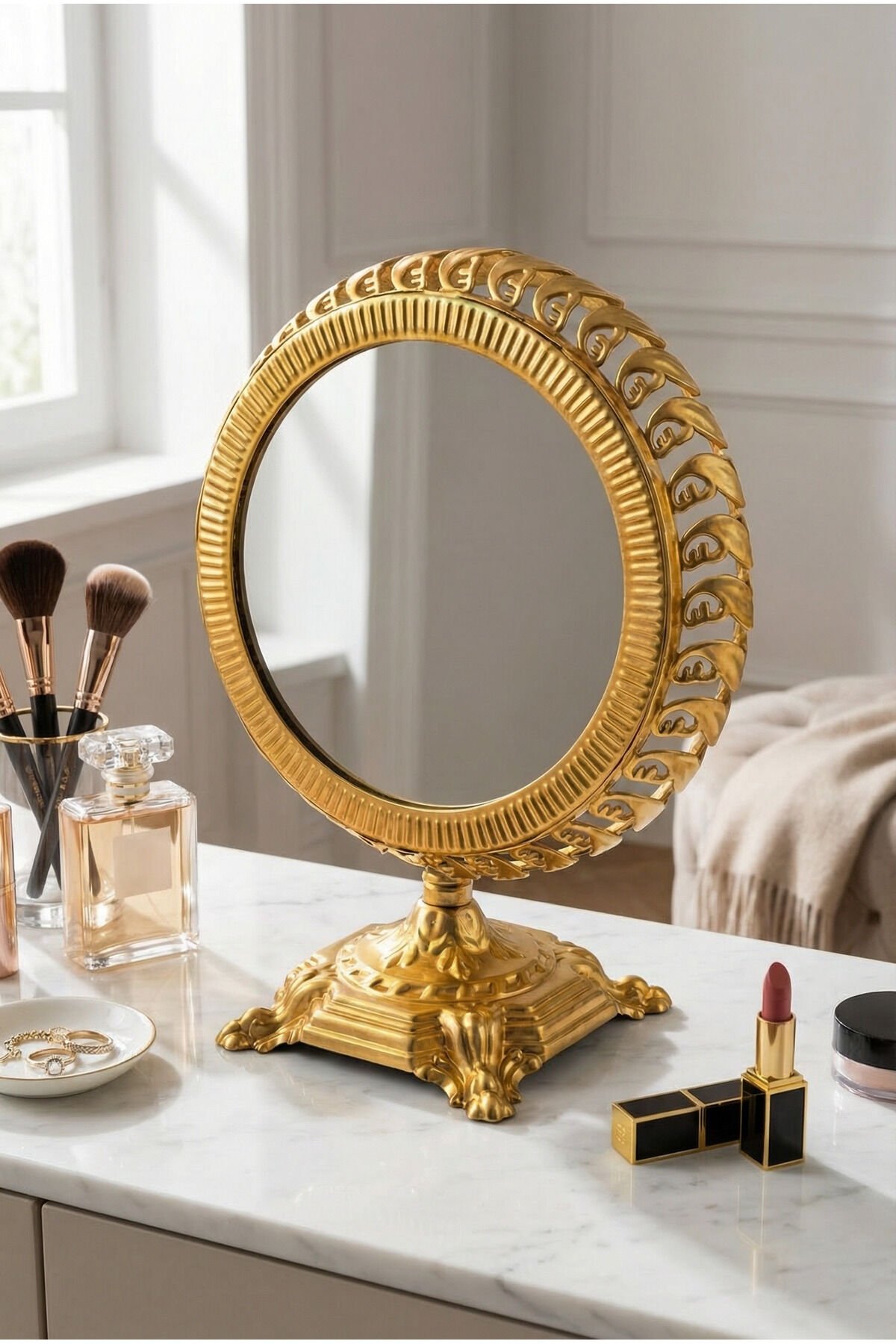 Polines El Aynası Masa Aynası Makyaj Aynası Ayarlanabilir Yuvarlak Paslanmaz Çelik Lüks