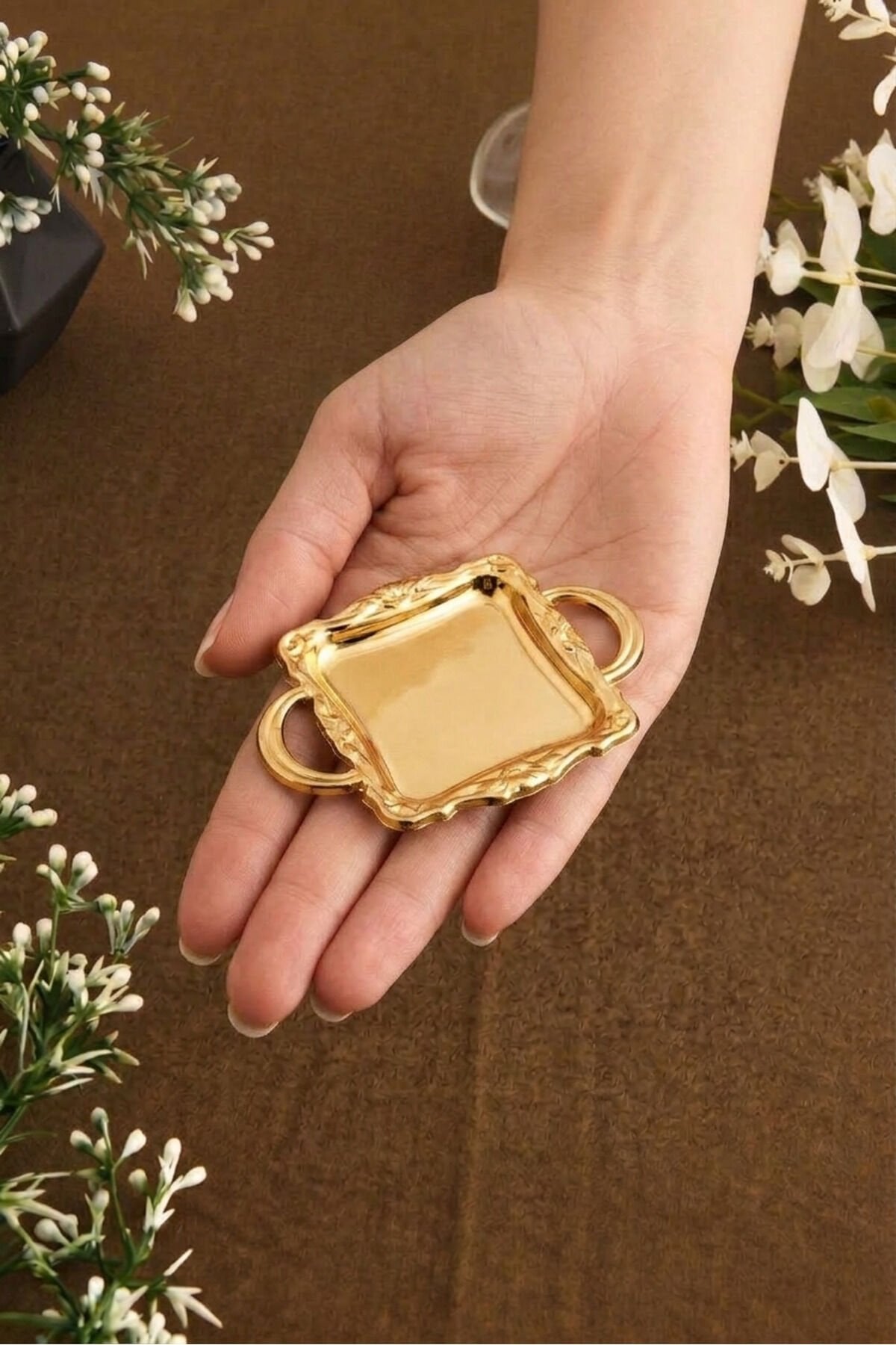 Tador Kulplu Minimal Kahve Yanı Kare Sunumluk Gold 1 Li Takım