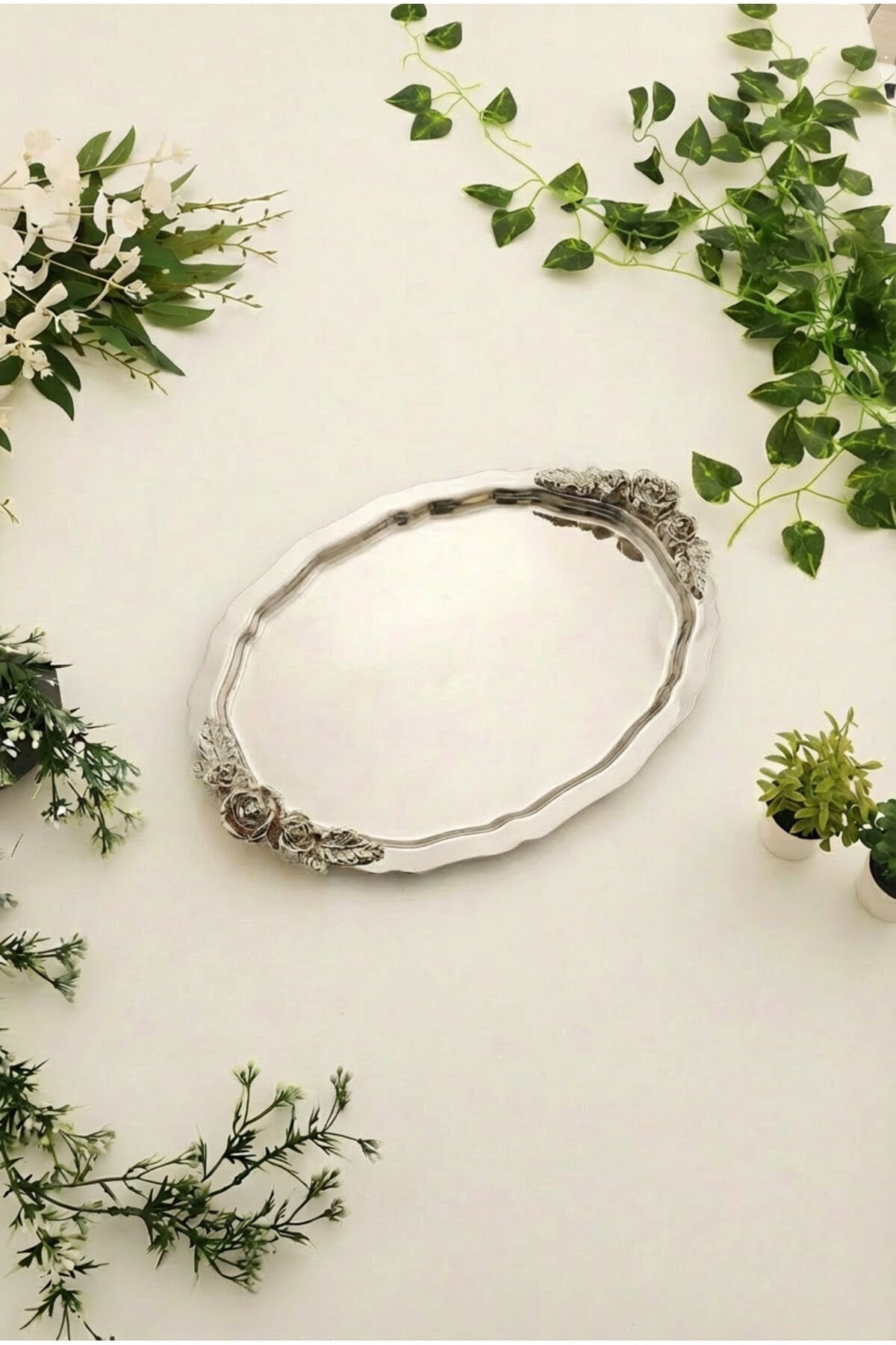 Azak Gümüş Paslanmaz Çelik Oval Gümüş Kulplu Kahve Sunum Tepsisi Servis Dekoratif Tepsi