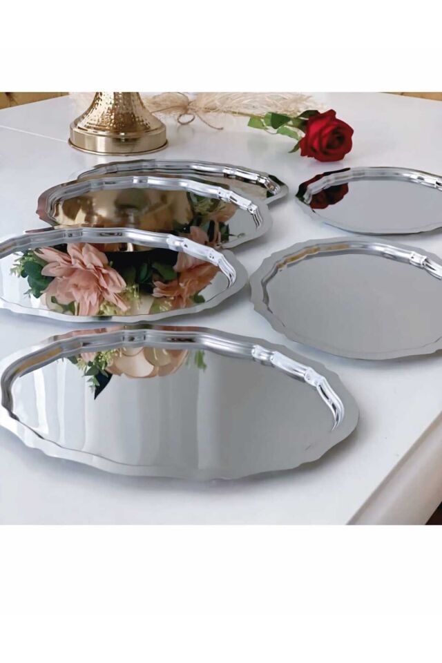 LÜX OVAL 6LI PASLANMAZ ÇELİK SÖZ NİŞAN SUNUM ÇAY VE DEKORATİF TEPSİ
