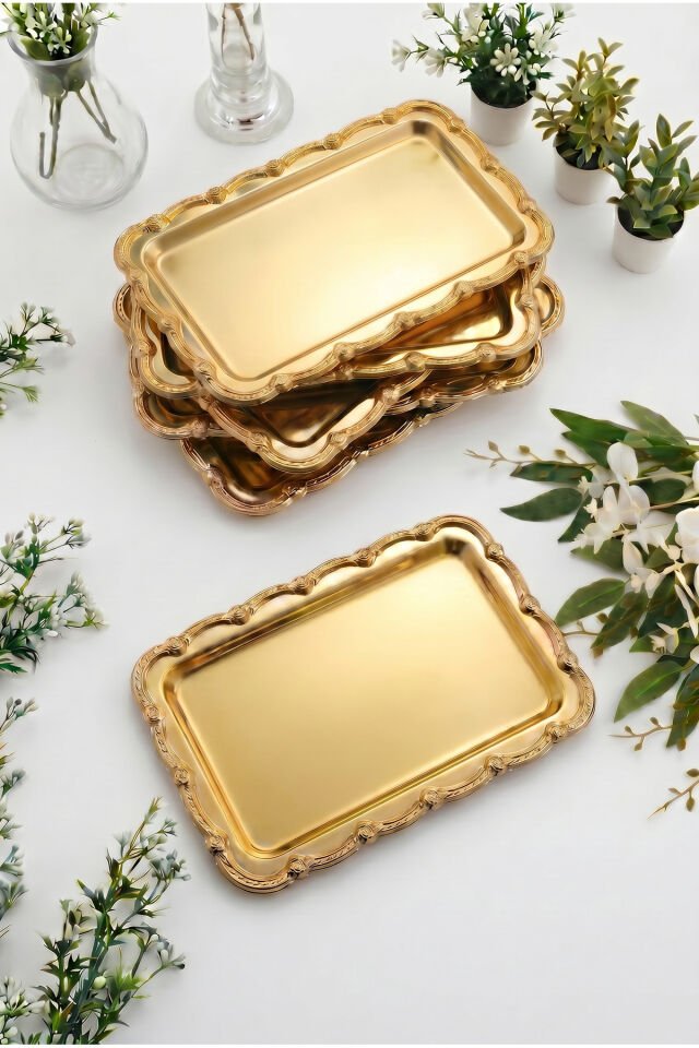 Rumlov Gold Tekli Paslanmaz Çelik Gold Çerçeve Kahve Sunum Tepsisi Baton