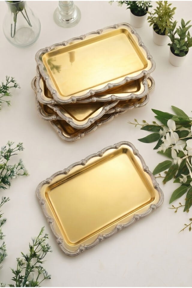Rumlov Gold 6'lı Paslanmaz Çelik Gümüş Çerçeve Kahve Sunum Tepsisi Baton