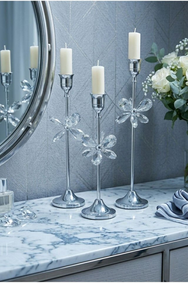 Velno Gümüş Mumluk Dekoratif Şamdan Paslanmaz Kaplama Kristal Taş Detaylı Modern ve Klasik Mum Tutacağı