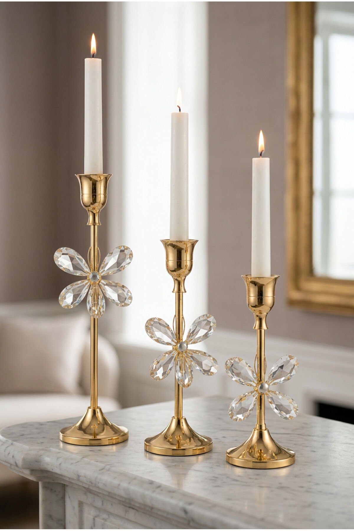 Velno Gold Mumluk Dekoratif Şamdan Paslanmaz Kaplama Kristal Taş Detaylı Modern ve Klasik Mum Tutacağı