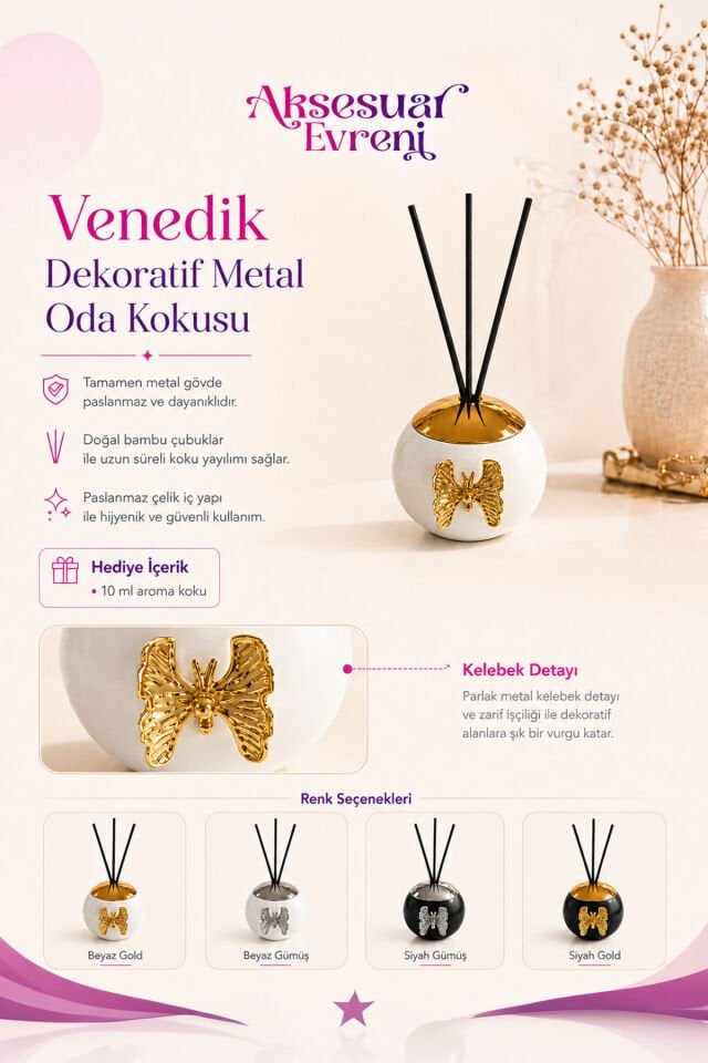 Venedik Beyaz Metal Paslanmaz Gövde Gold Kapaklı Bambu Çubuklu Oda Kokusu